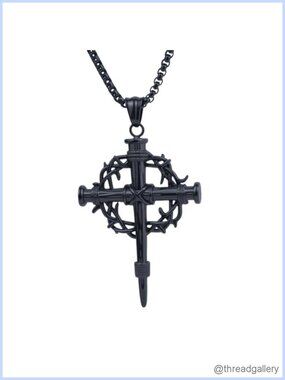 Stainless Steel Nail Cross Crown of Thorns Faith Pendant Necklace 23.6 in Chain